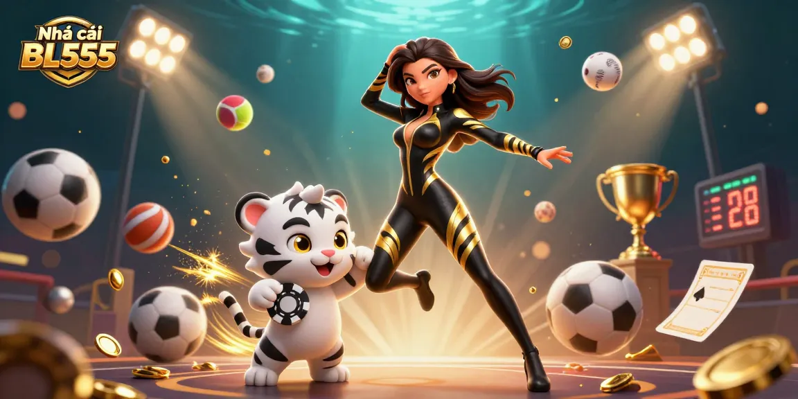 Experience thrilling gaming at Nhà cái BL555 with a captivating scene of casino elements and a playful white tiger.