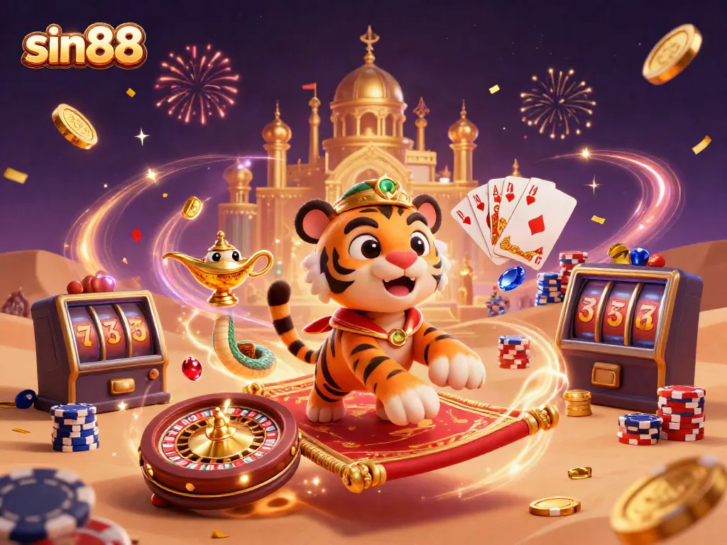 Experience the thrill of sin88 with a vibrant 3D scene showcasing a sultan, genie, and casino elements.