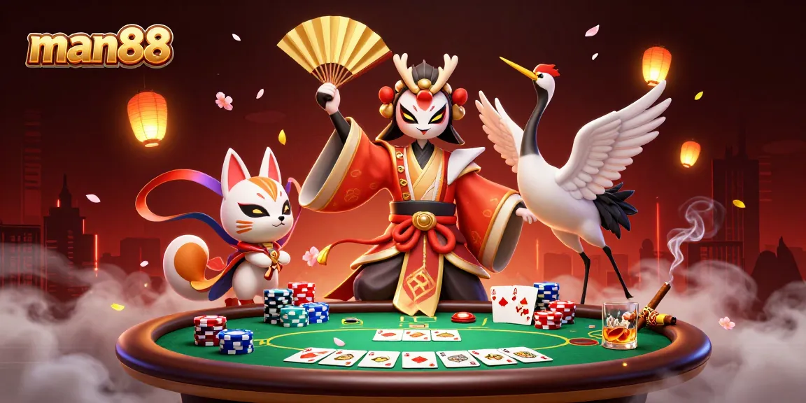 Engage with man88 poker action featuring kabuki warriors amidst chips and cards in a vibrant casino scene.