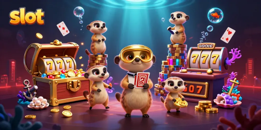 Meerkats in a dynamic casino setting with slot machines and treasure, engaging in playful operations.