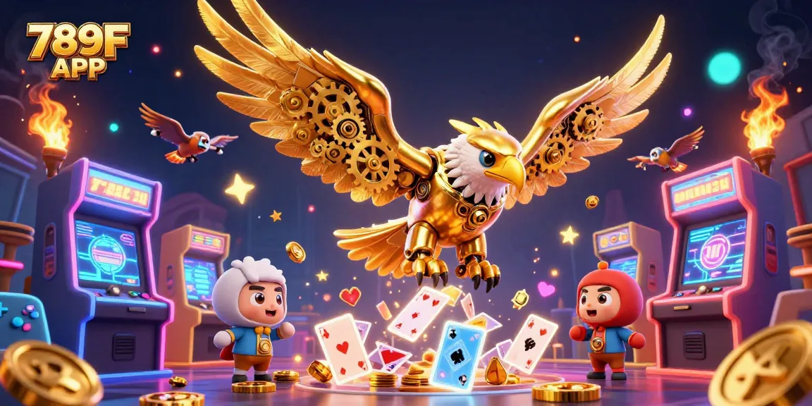 Experience thrilling gaming with 789F APP, showcasing an eagle battling through colorful casino elements.