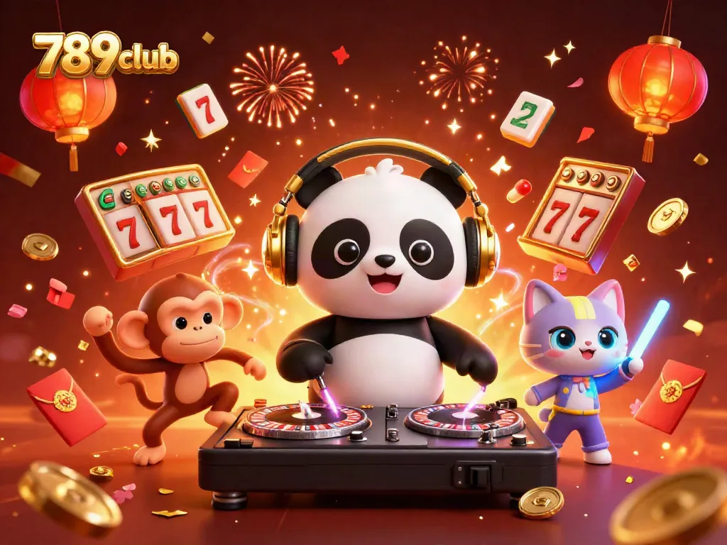 Engage with 789club through an exciting scene of a DJ panda, dancing monkey, and glowing kitten in a vibrant casino atmosphere.