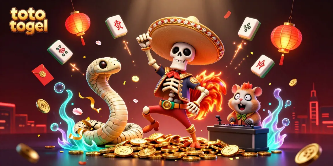 Toto togel festive scene with a dancing rooster, mummy snake, and DJ hamster surrounded by casino elements.