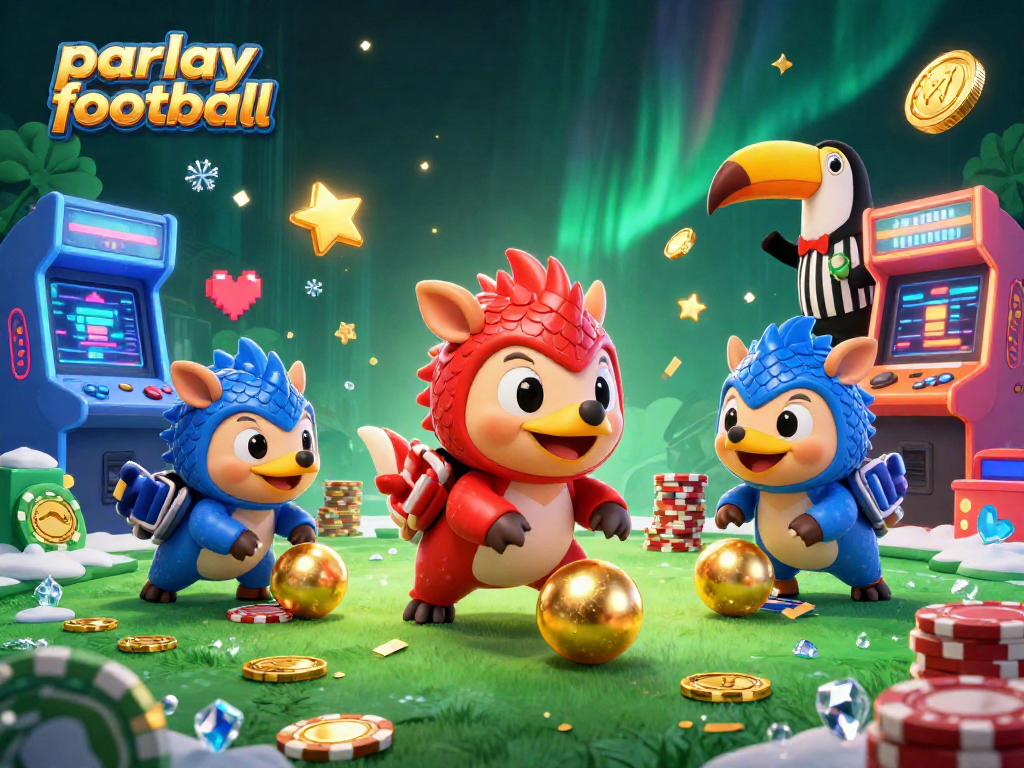 Engage in thrilling parlay football action with rival pangolins in a vibrant casino setting.
