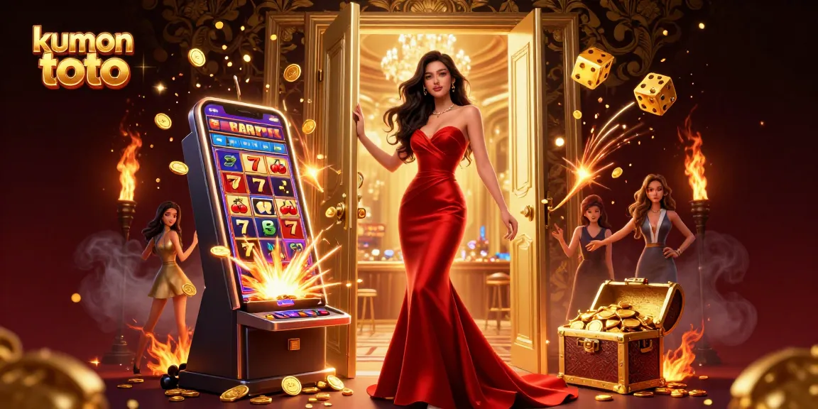 Experience the thrill of kumon toto as a glamorous woman stands at a VIP casino doorway, surrounded by a jackpot explosion and dynamic casino elements.