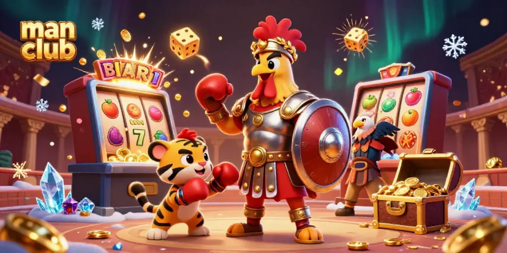 Experience the excitement of man club gambling with gladiator rooster, tigers, and jackpot action!