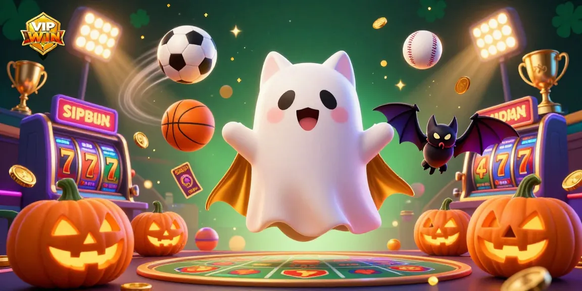 Experience thrilling gaming at VIPWIN with ghost cat and bat amidst vibrant slot elements.