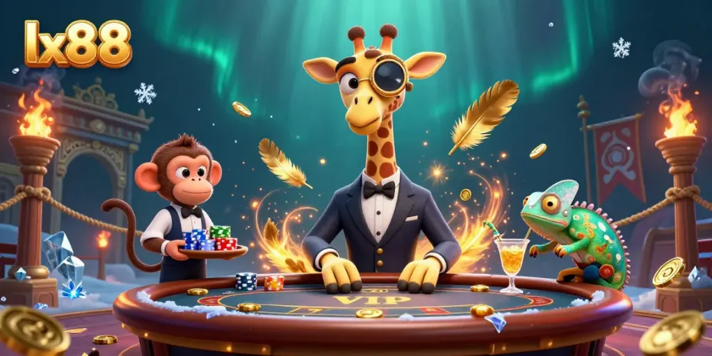 Experience the excitement of lx88 with a high-roller giraffe at a luxurious poker table, surrounded by vibrant casino elements.