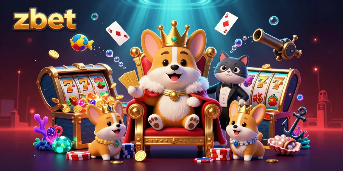 Experience thrilling wins at zbet with an extravagant 3D cartoon illustration of royal corgis and casino elements.