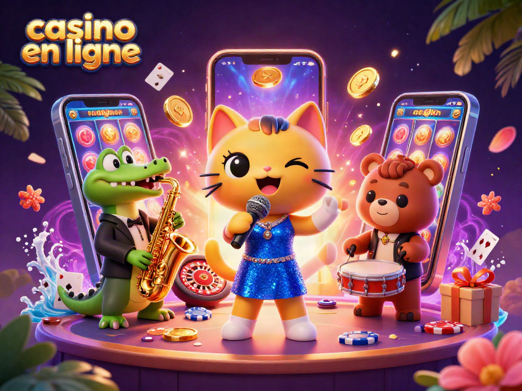 Jouez à des machines à sous au casino en ligne avec une ambiance festive et des personnages animés.
