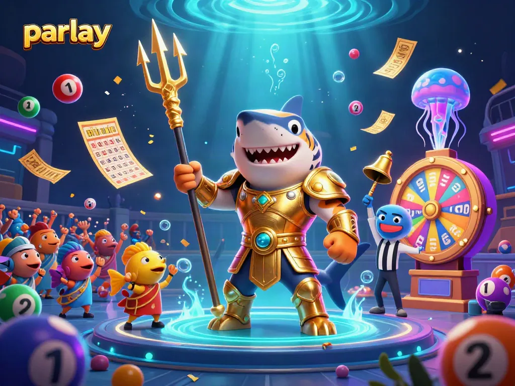 Experience thrilling parlay betting with a dynamic scene of colorful lottery elements and a gladiatorial underwater clash.