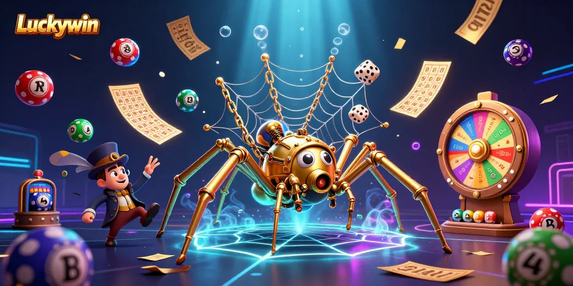 Experience thrilling games at Luckywin, featuring an animated steampunk setup filled with vibrant lottery and casino elements.