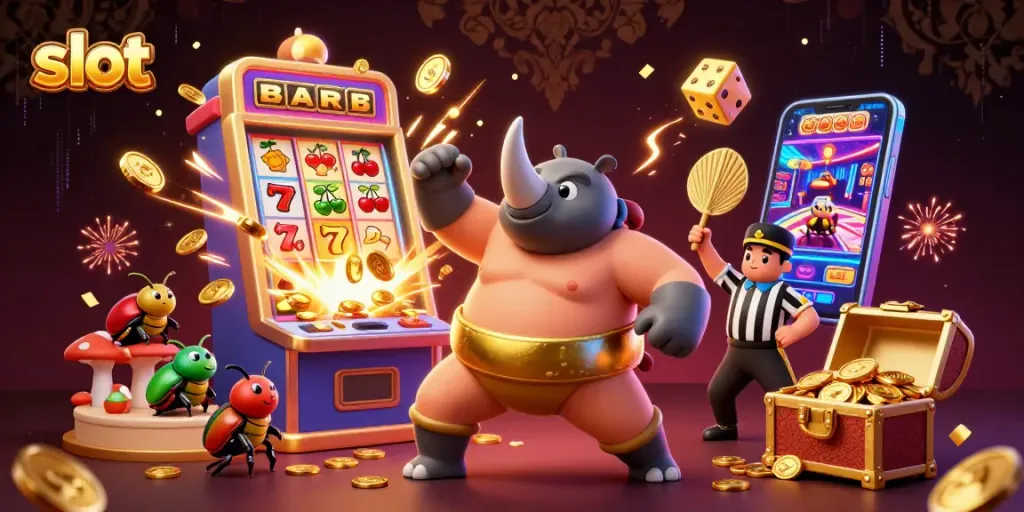 Experience the excitement of winning with slot gameplay involving a sumo beetle champion, jackpot symbols, and vibrant coins.