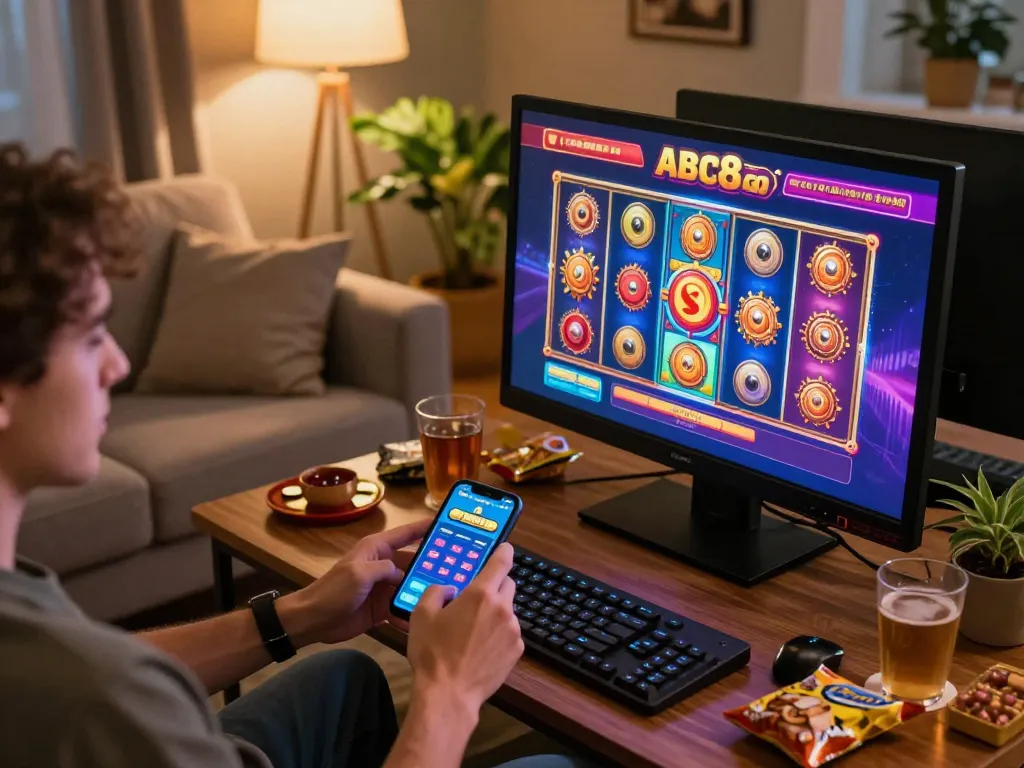 Engaging player enjoying online gambling at ABC8Go on a smartphone in a cozy home setting