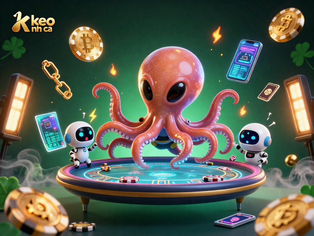 Engage with keo nha cai amidst vibrant 3D alien casino scene featuring dynamic poker elements and cryptocurrency visuals.
