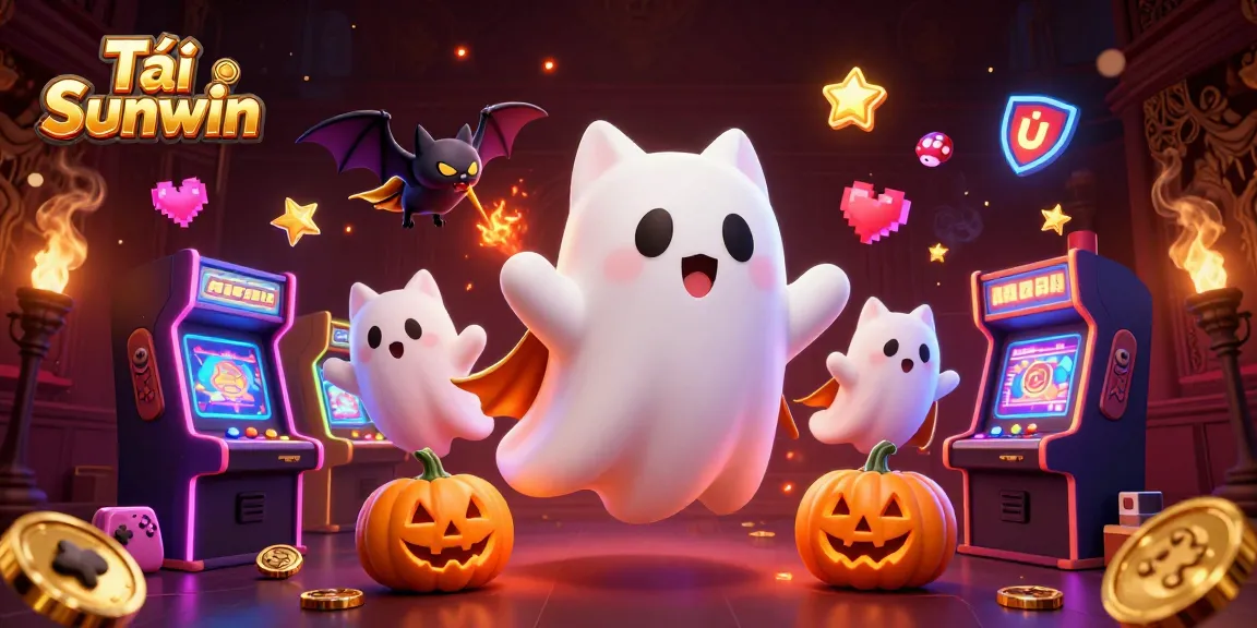 Tải Sunwin brings a magical gaming experience with a cartoon ghost cat in a lively haunted casino atmosphere.
