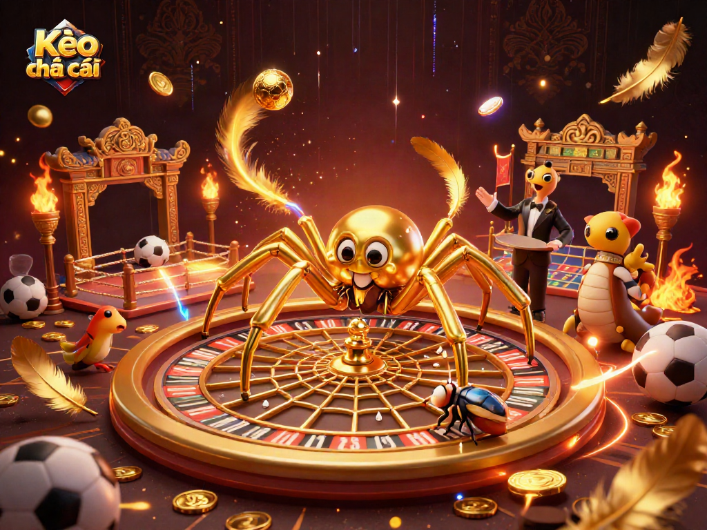 Engaging Kèo nhà cái cartoon scene featuring a golden spider web roulette and sports betting.