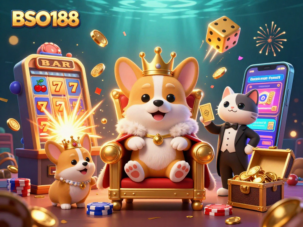 Experience the excitement of BSO188 with a vibrant 3D casino scene featuring a royal corgi and dynamic game elements.