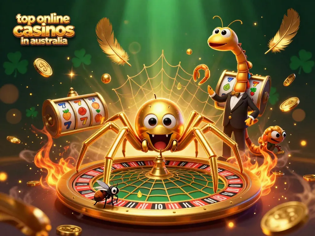 Experience the thrill of top online casinos in Australia with a golden spider and croupier in an engaging gaming scene.