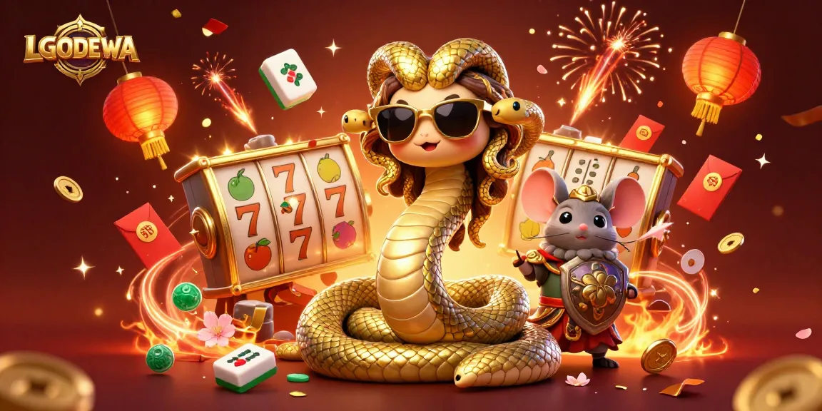 Engage with the festive LGODEWA casino scene featuring Medusa and slot machines.