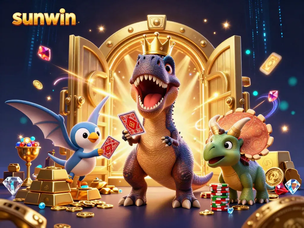 Enjoy gambling excitement with sunwin's playful T-Rex and friends amidst treasures and games.
