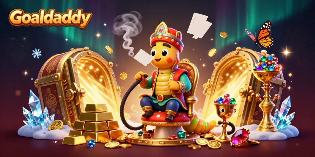 Engage with Goaldaddy's dynamic casino scene featuring a 3D caterpillar character and opulent treasures.