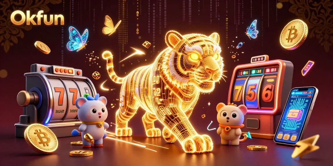 Spin the reels and experience Okfun's vibrant digital casino with a golden tiger and holographic elements.