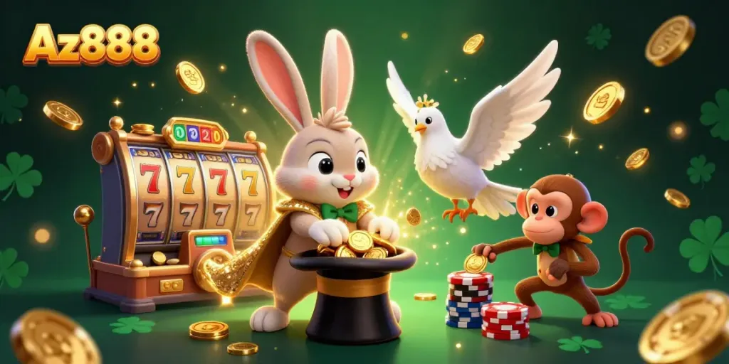 Participate in thrilling slot games at Az888 with enchanting casino characters and golden coins.