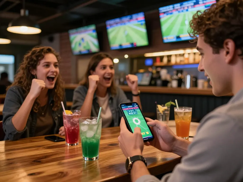 Tỷ lệ kèo nhà cái 5 displayed on smartphone during thrilling sports betting session in a lively sports bar
