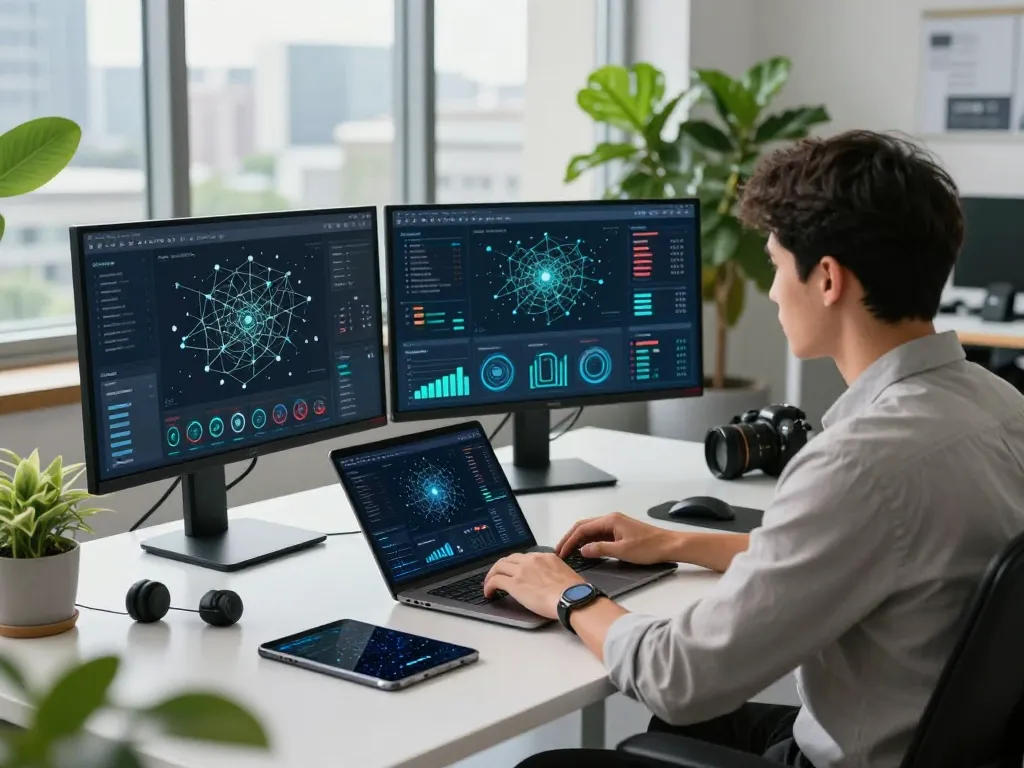 快连 technology workspace with a professional analyzing AI-driven analytics in a modern office setting.