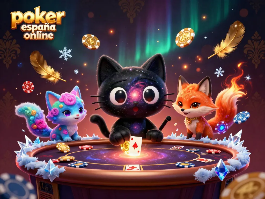 Disfruta del póker España online con una emocionante mesa y fichas doradas en un ambiente cósmico.