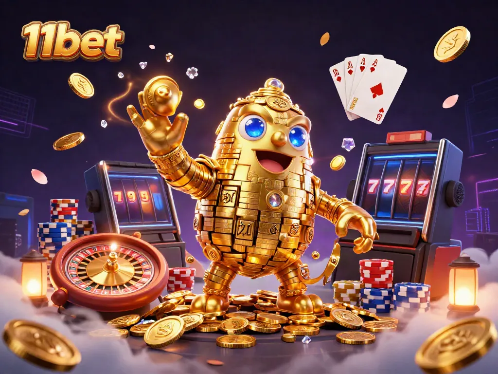 Engage with 11bet's premium casino experience, featuring a golden golem surrounded by dynamic game elements.