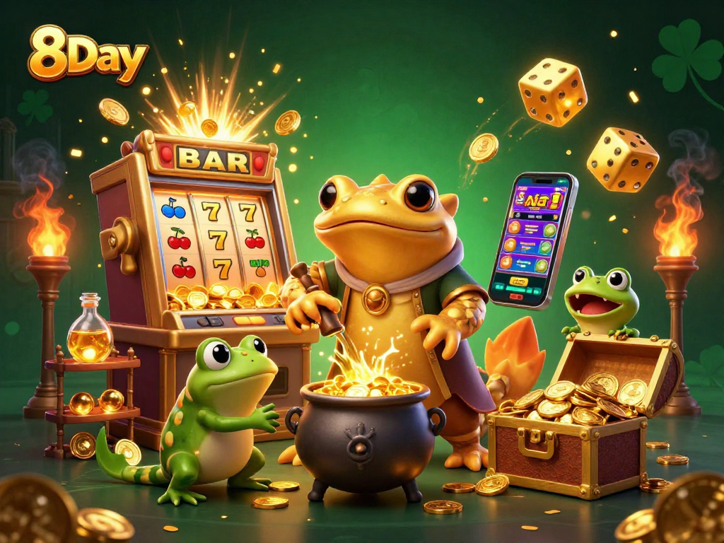Experience excitement at 8Day with vibrant golden treasures erupting from a slot machine.