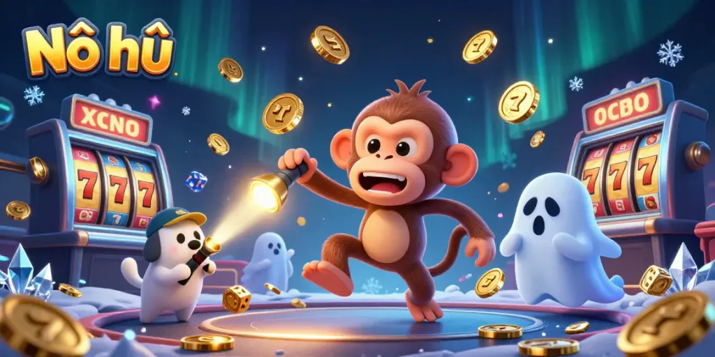 Experience Nổ hũ action with a playful poltergeist monkey and ghost-hunter puppy in a haunted casino scene.