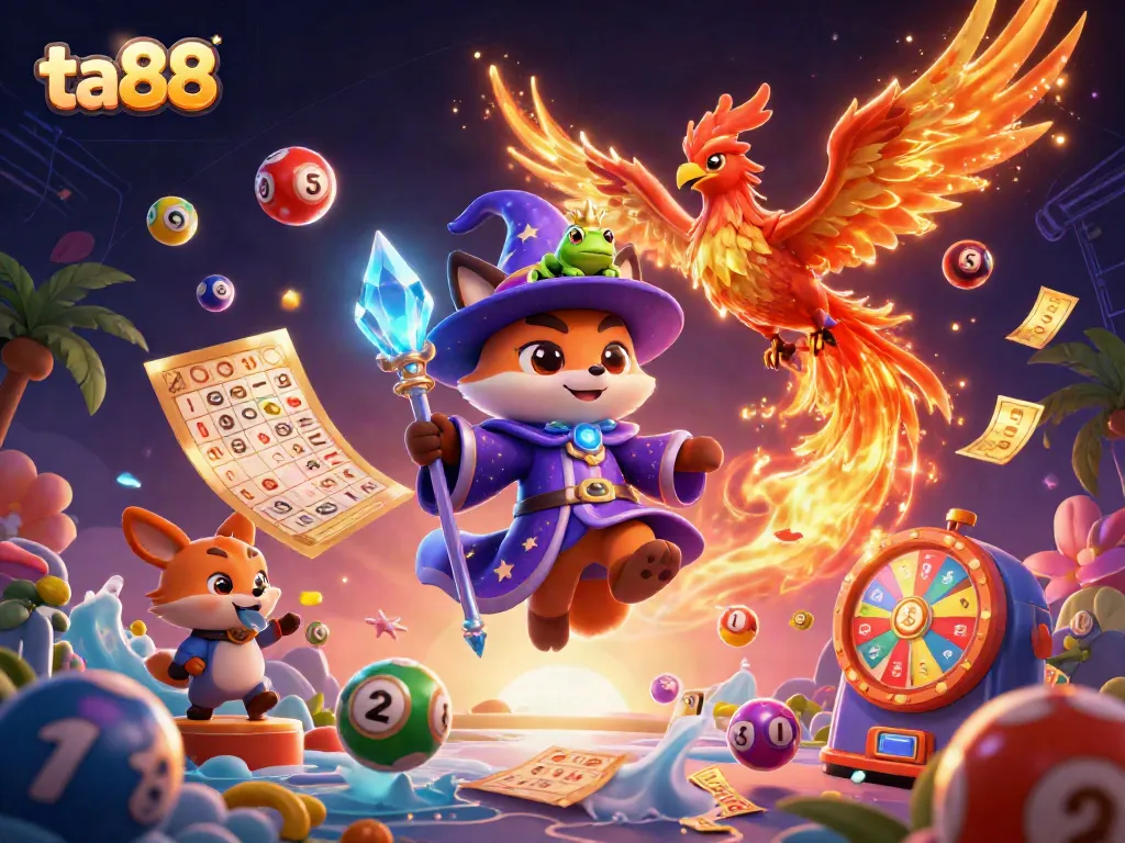 Experience ta88's thrilling casino atmosphere with a magical wizard and phoenix surrounded by dynamic lottery elements.