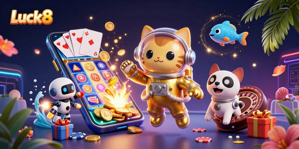 Spin the reels with Luck8's vibrant 3D scene featuring a space cat themed casino experience.