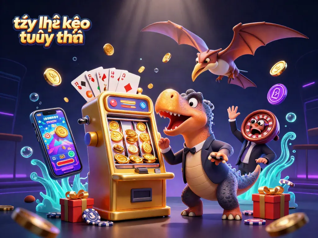 Experience thrilling tỷ lệ kèo trực tuyến as a dinosaur headbutts a jackpot slot machine in a lively casino scene.