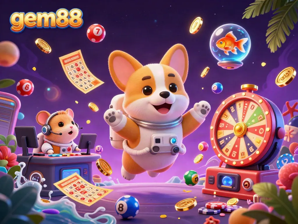 Experience gem88 with floating casino fun featuring a corgi, colorful balls, and a spinning prize wheel.