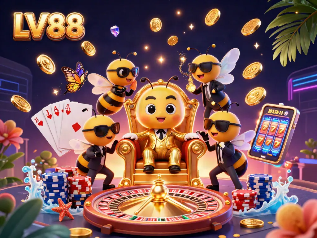 Experience the vibrant energy of LV88 with a 3D casino scene filled with golden coins, slots, and playful characters.
