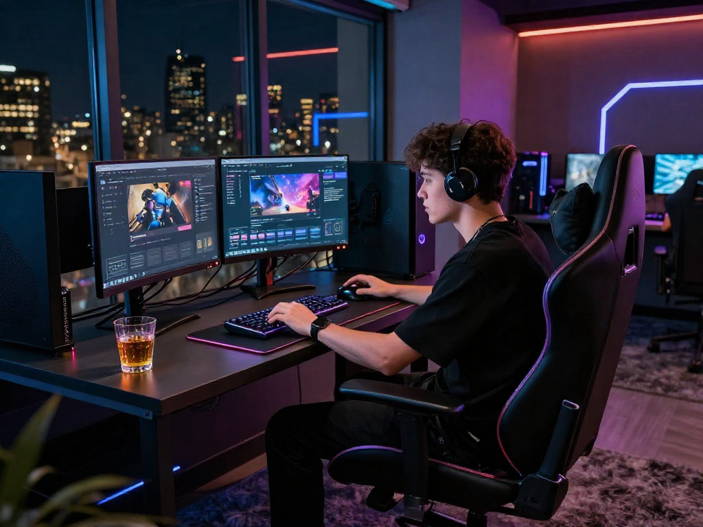Experience the ROKOK88 login in a luxurious gaming lounge with high-end visuals and gaming setup.