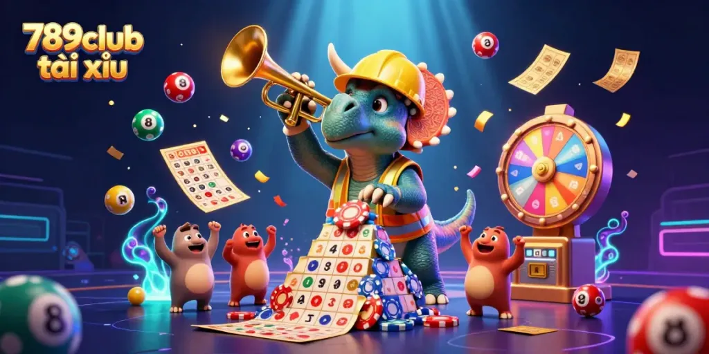 Play 789club tài xỉu with a celebratory 3D scene of fun characters and dynamic casino elements.