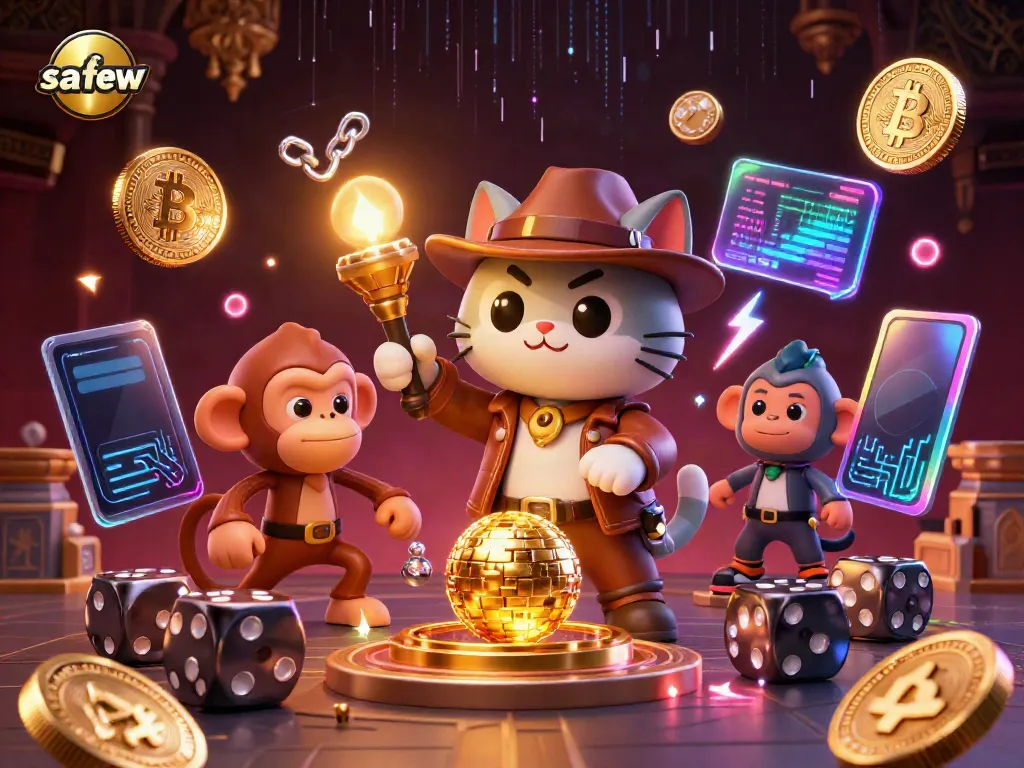 Join the safew adventure as a cartoon archaeologist cat explores a golden casino artifact amidst glowing crypto coins.