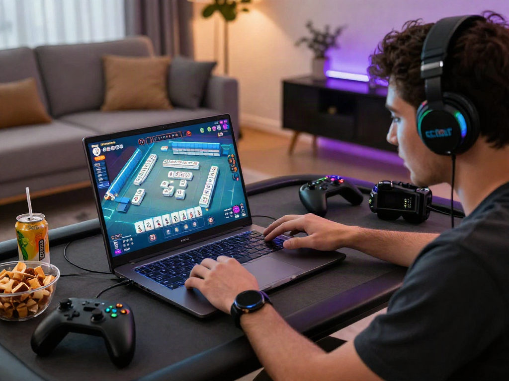 Engaged player enjoying MAHJONGJP88 Online on laptop with colorful game tiles and snacks in a vibrant gaming setup.