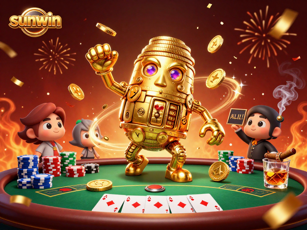 Sunwin casino golem enhances gaming fun with poker chips and cards in a vibrant celebration scene.