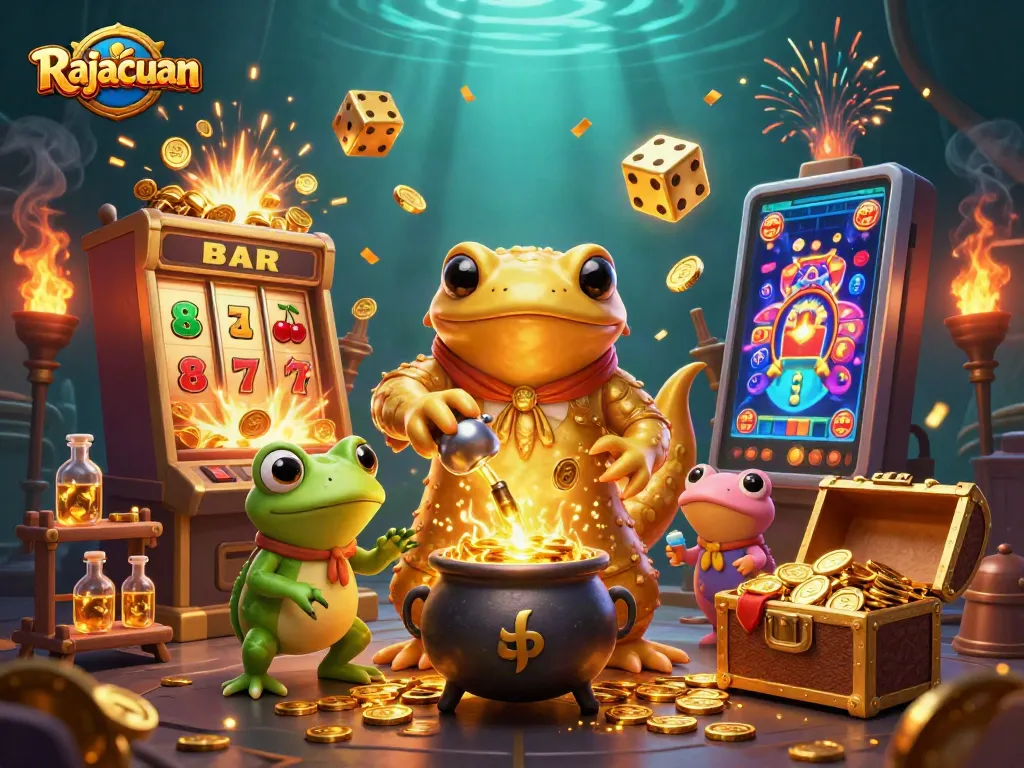 Rajacuan offers thrilling wins with a vibrant casino scene featuring a golden salamander alchemist.
