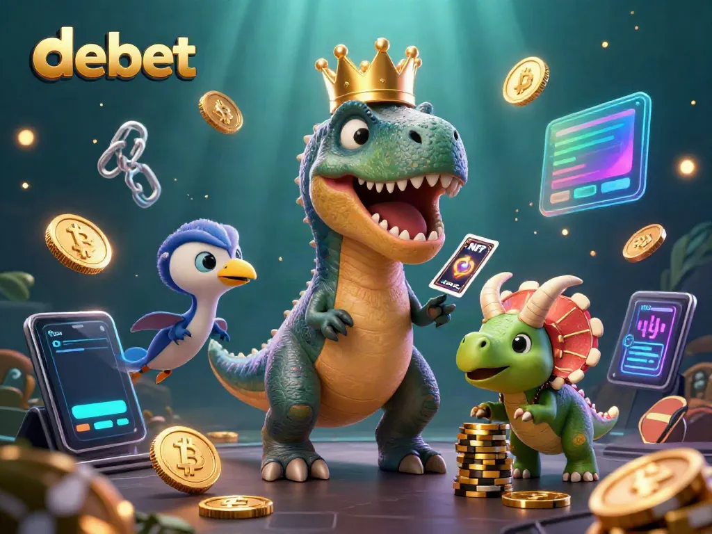 Join the fun and excitement on Debet with a cartoon dinosaur gaming scene, showcasing unique casino elements.
