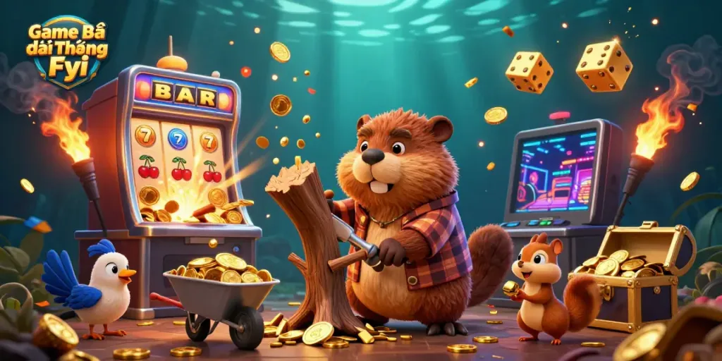 Experience the excitement of Game Bài Đổi Thưởng Fyi with a lively casino scene featuring cartoon characters and winning symbols.