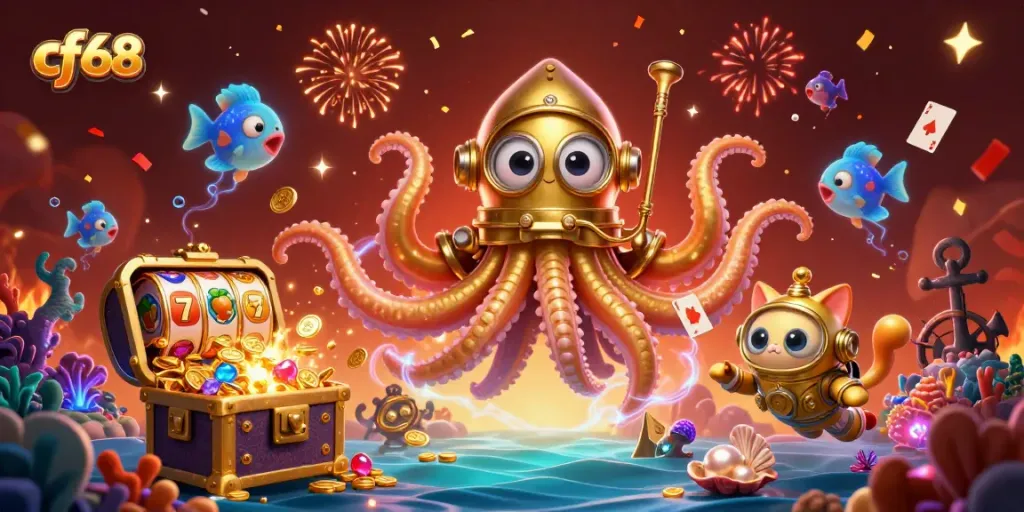 Play exciting games with cf68, featuring a cartoon kraken and diving cat amidst floating slot reels and treasure