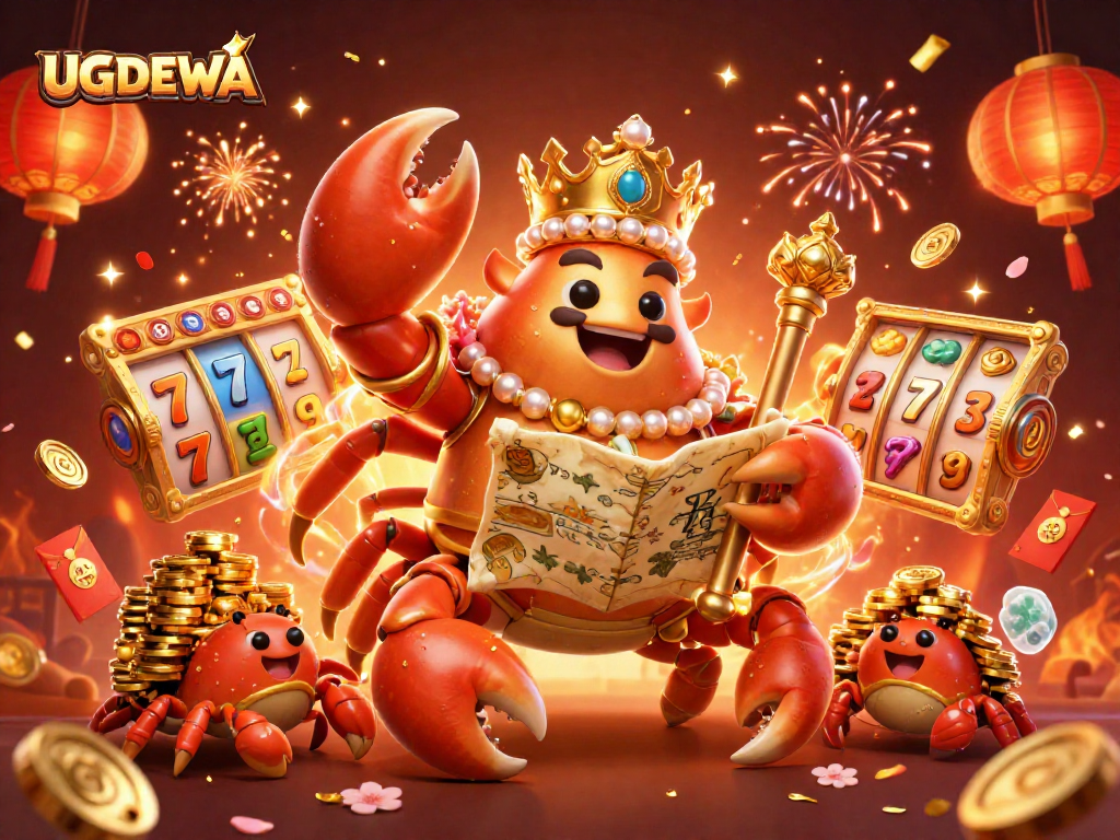 Experience the excitement of UGDEWA with a vibrant 3D illustration of a golden crab emperor amidst casino elements.