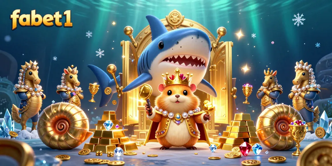 Spin the reels with fabet1, featuring a majestic hamster king on a throne of treasure in a lively casino scene.